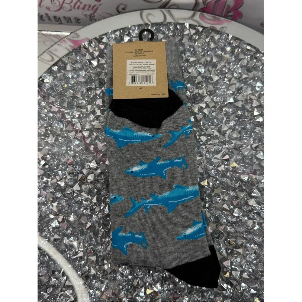 K.bell socks Men's Gray Shark Crew Socks - Blue Shark Pattern